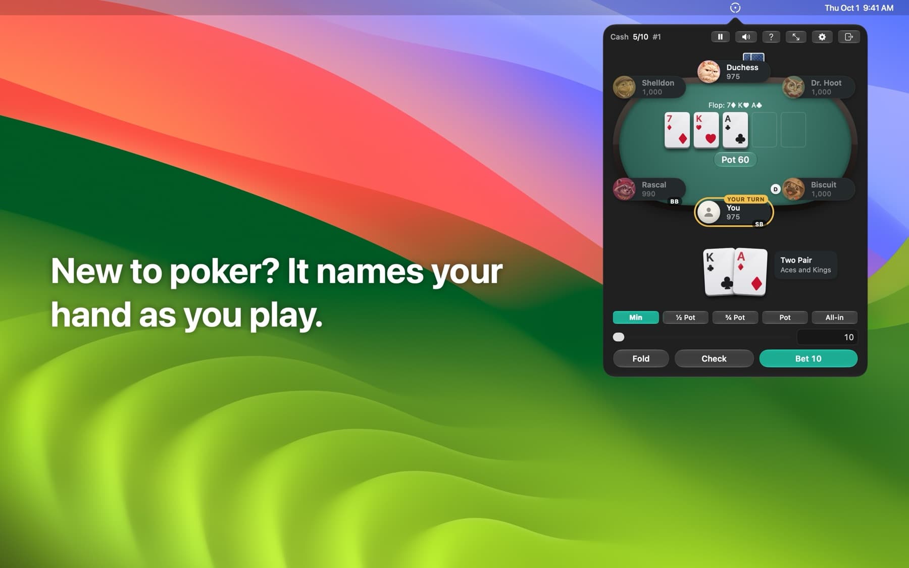 Learning mode naming the player's hand, Two Pair, beside their cards.