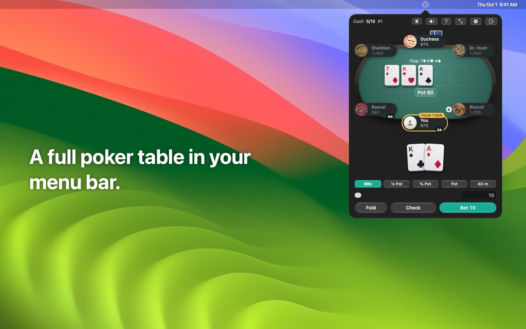 Pocket Poker's popover open under the menu bar, mid-hand on the flop with Fold, Check and Bet buttons.