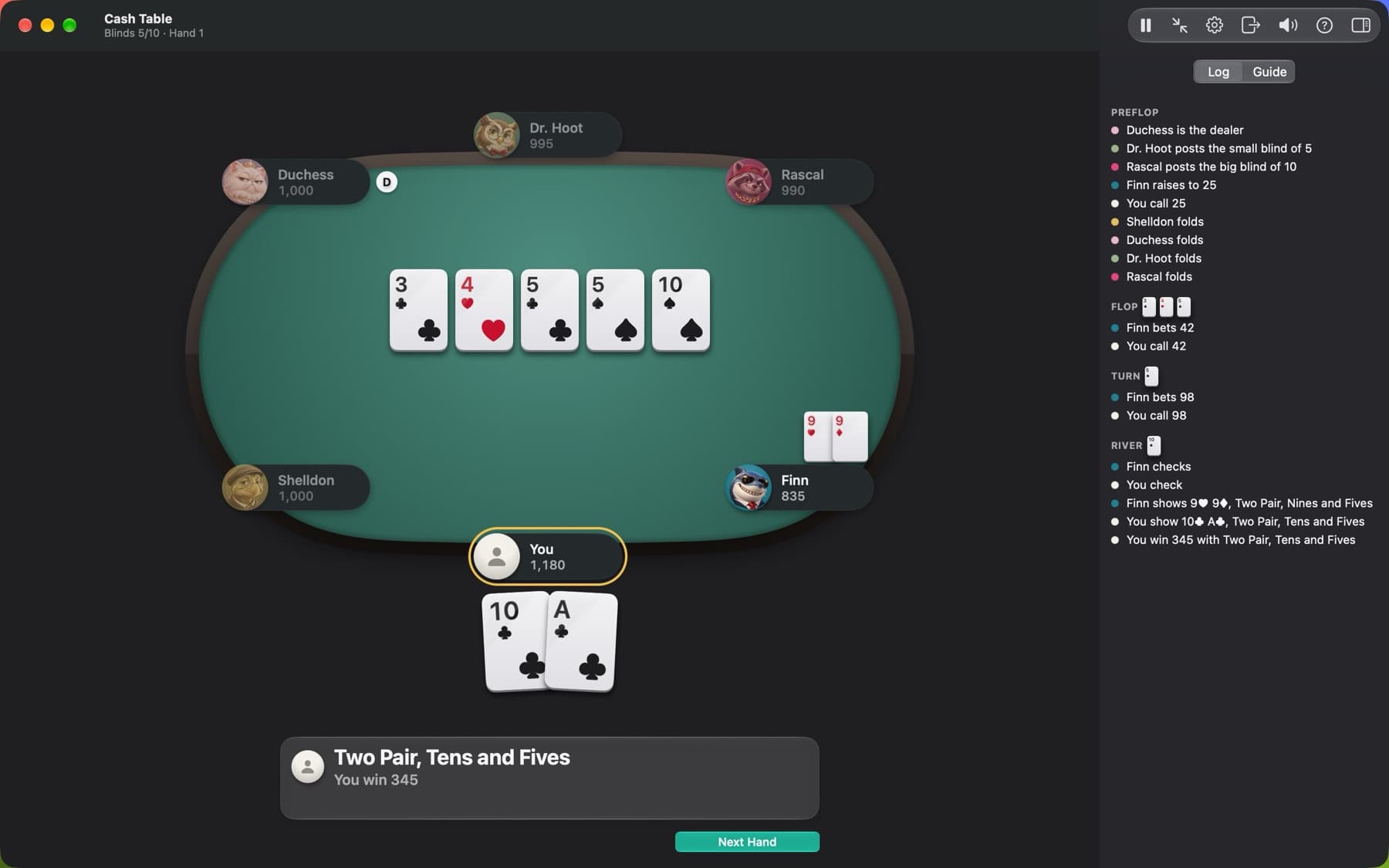 A showdown in the full window: the winning hand is announced and the pot is awarded.