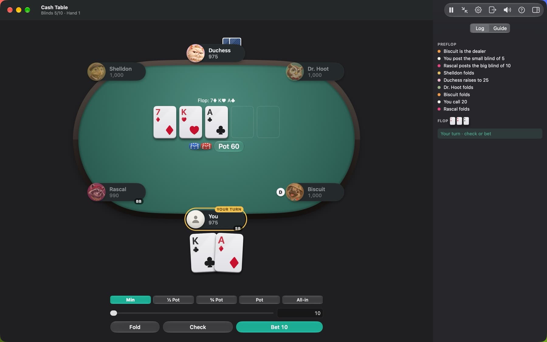 The full-window table with six players and the hand's action log in a sidebar.